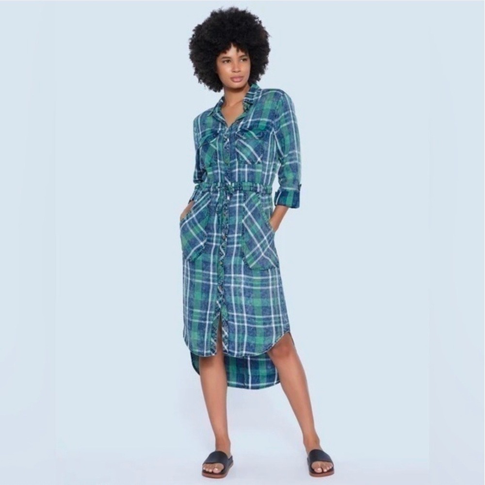 Billy T Plaid Lyocell Shirt Dress Green Blue Acid Wash High Low Midi Small